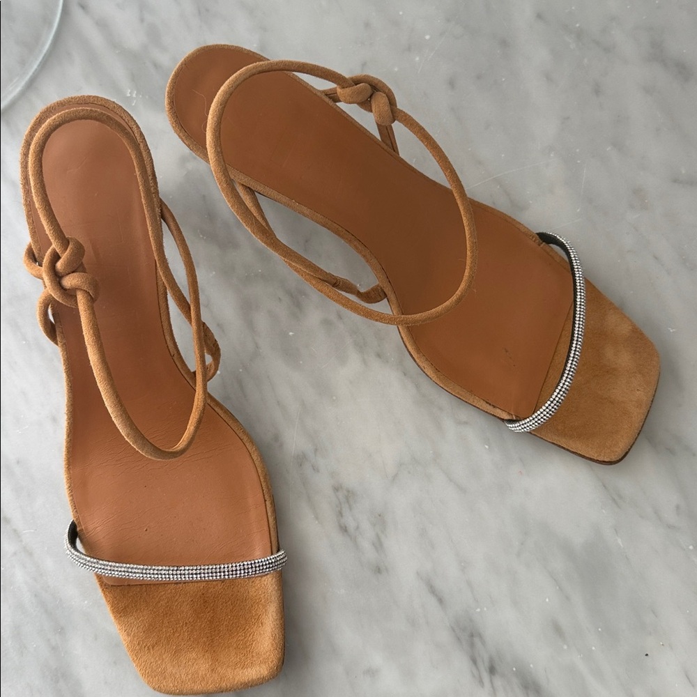 STAUD Tan Suede Strappy Heeled Sandals Rhinestone laurel Crystal heel size 38.5 - Picture 9 of 16